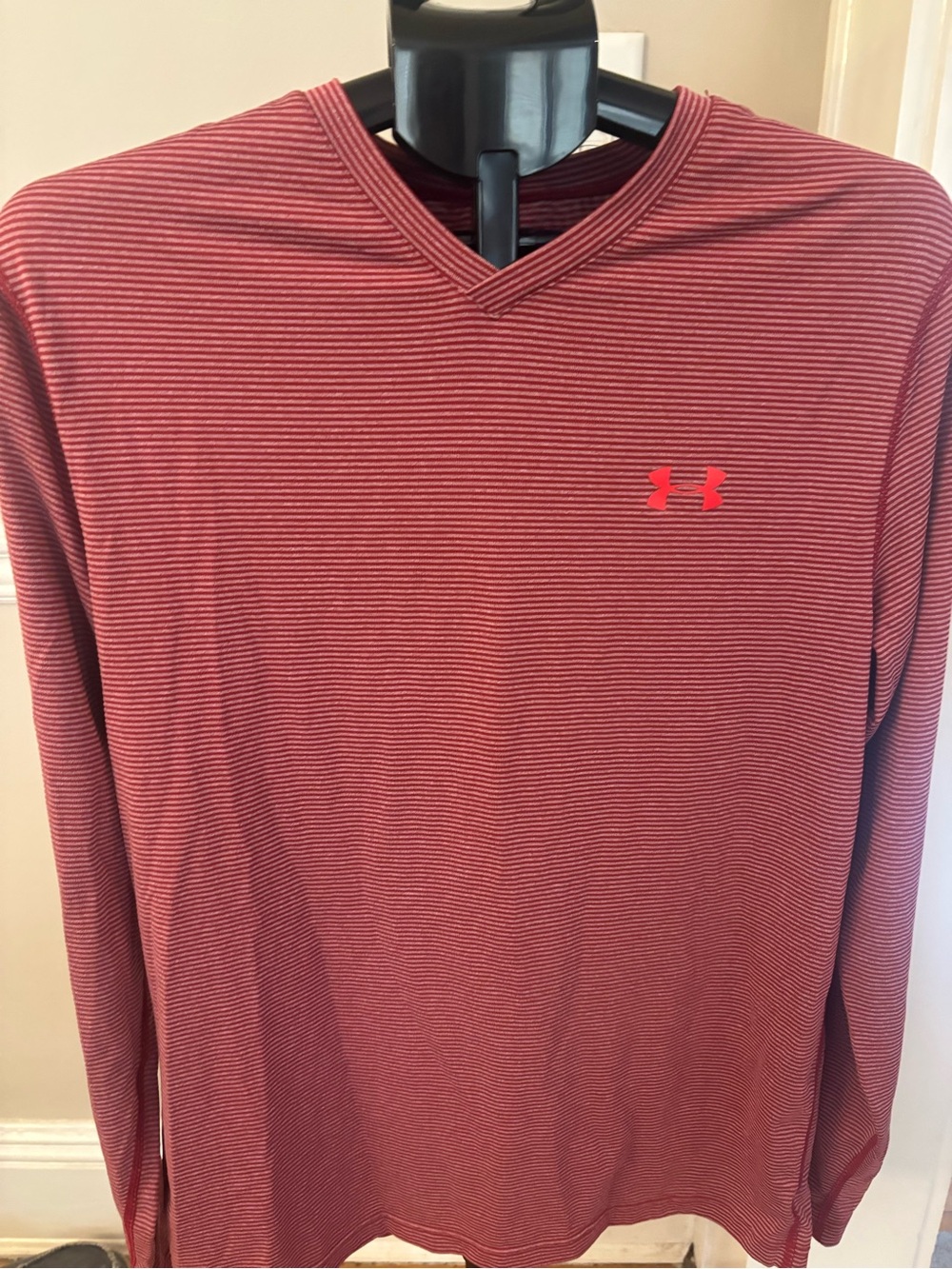 Men’s Under Armour Red Striped Long-Sleeve V-Neck Shirt